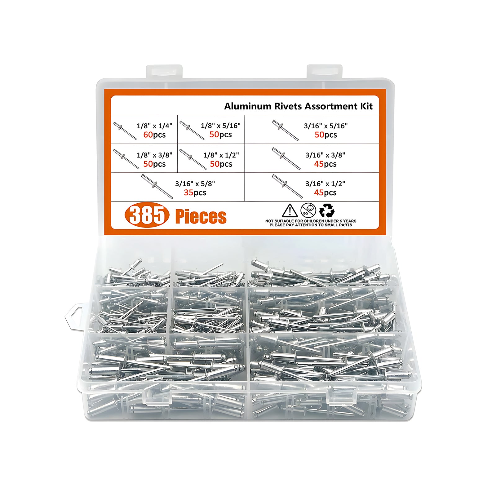 385pcs 8 Sizes Aluminum Blind Rivets, Pop Rivets Assortment Kit (Silver ...