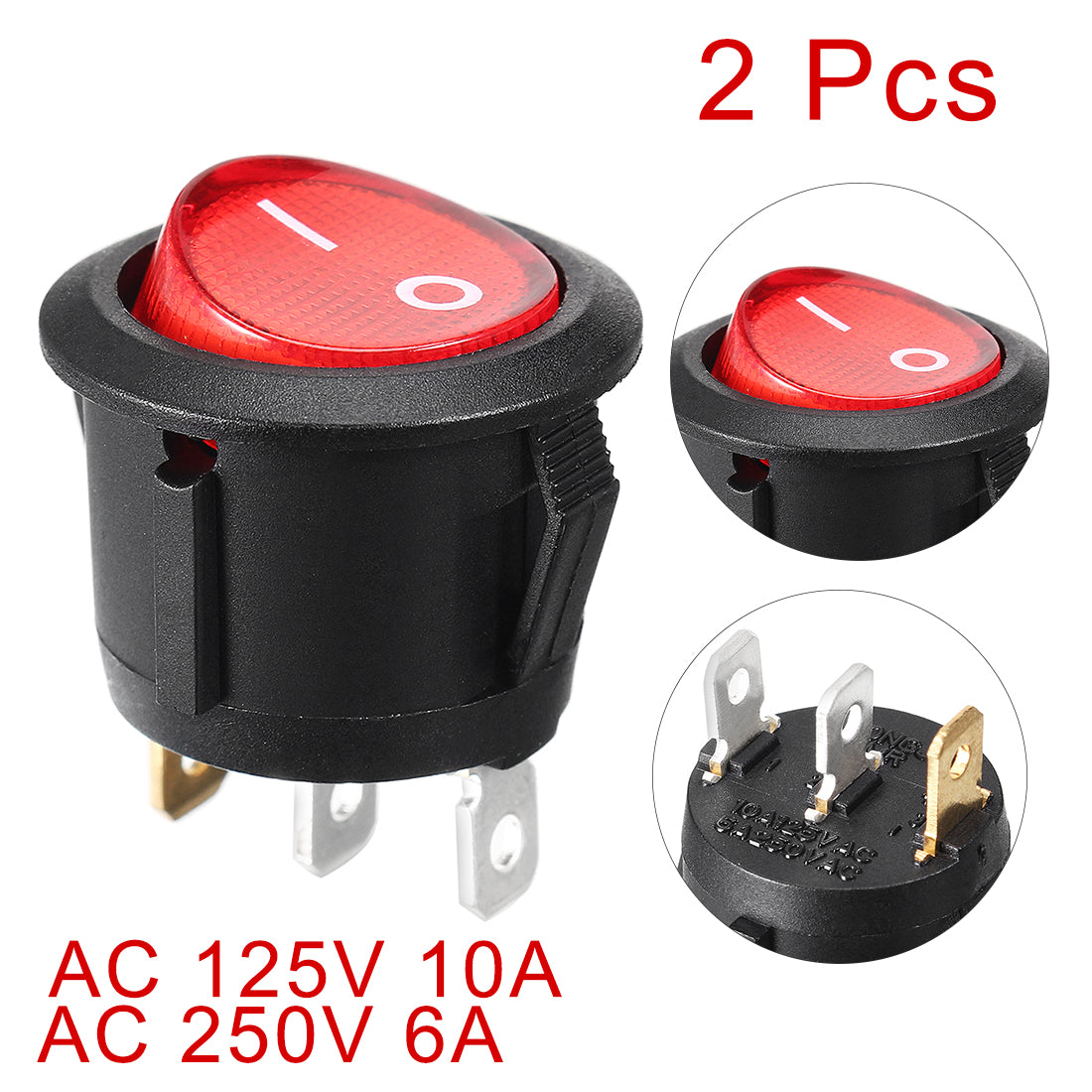 uxcell Uxcell 2 Pcs AC 6A 250V 10A 125V Red Light SPST ON/OFF Snap in Rocker Switch