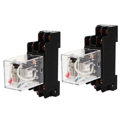Harfington Uxcell 2pcs DC24V Coil Power Relay DPDT 8pin 35mm DIN Rail Mounted JQX-13F w Socket Base