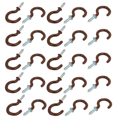 Harfington Uxcell 1 Inch Plastic Coated Screw-in Open Cup Ceiling Hooks Hangers Brown 25pcs