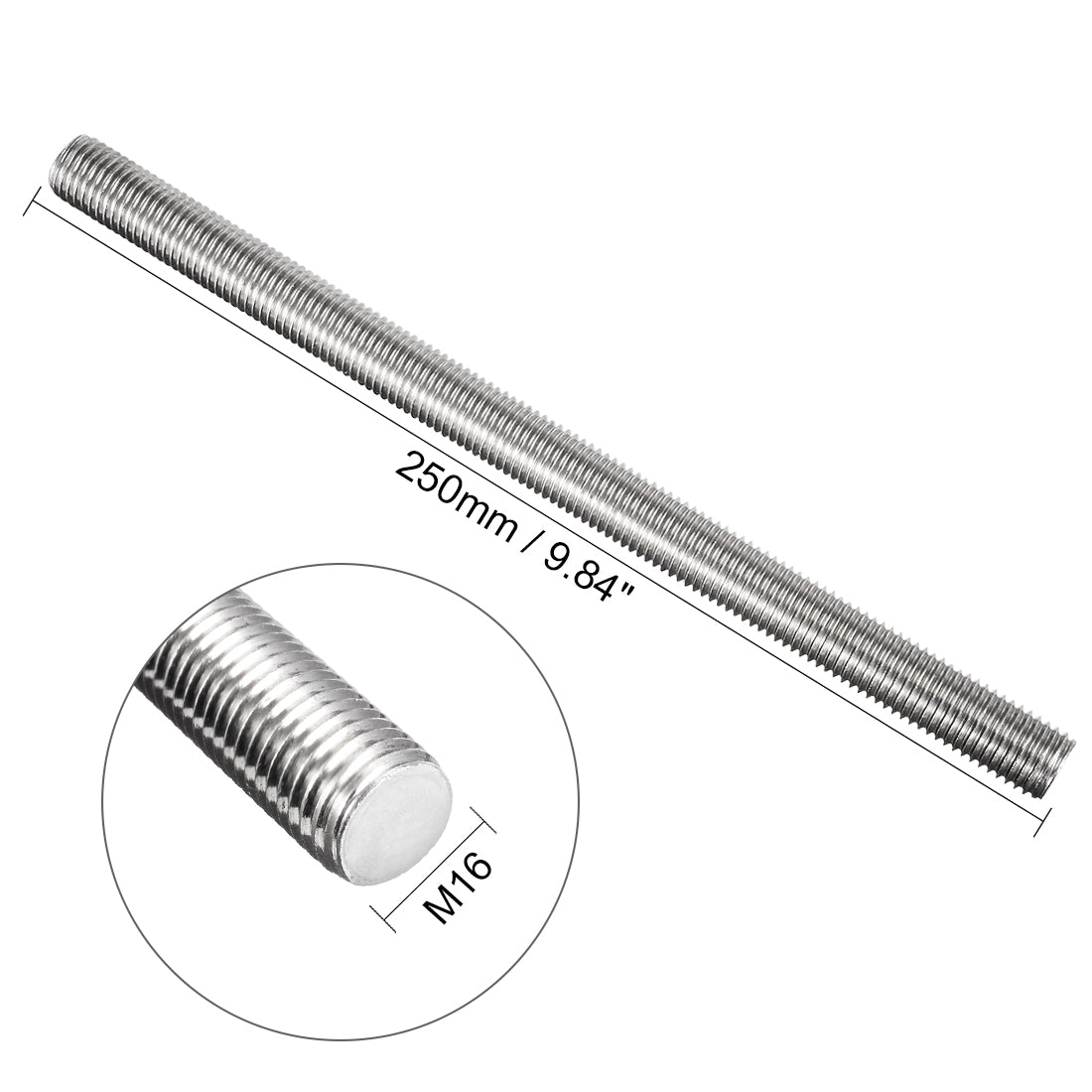 uxcell Uxcell M16 x 250mm Fully Threaded Rod 304 Stainless Steel Right Hand Threads