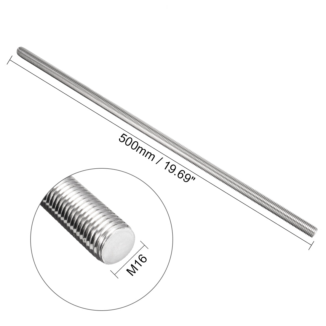 uxcell Uxcell M16 x 500mm Fully Threaded Rod 304 Stainless Steel Right Hand Threads