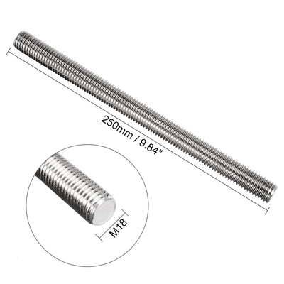 Harfington Uxcell M18 x 250mm Fully Threaded Rod 304 Stainless Steel Right Hand Threads