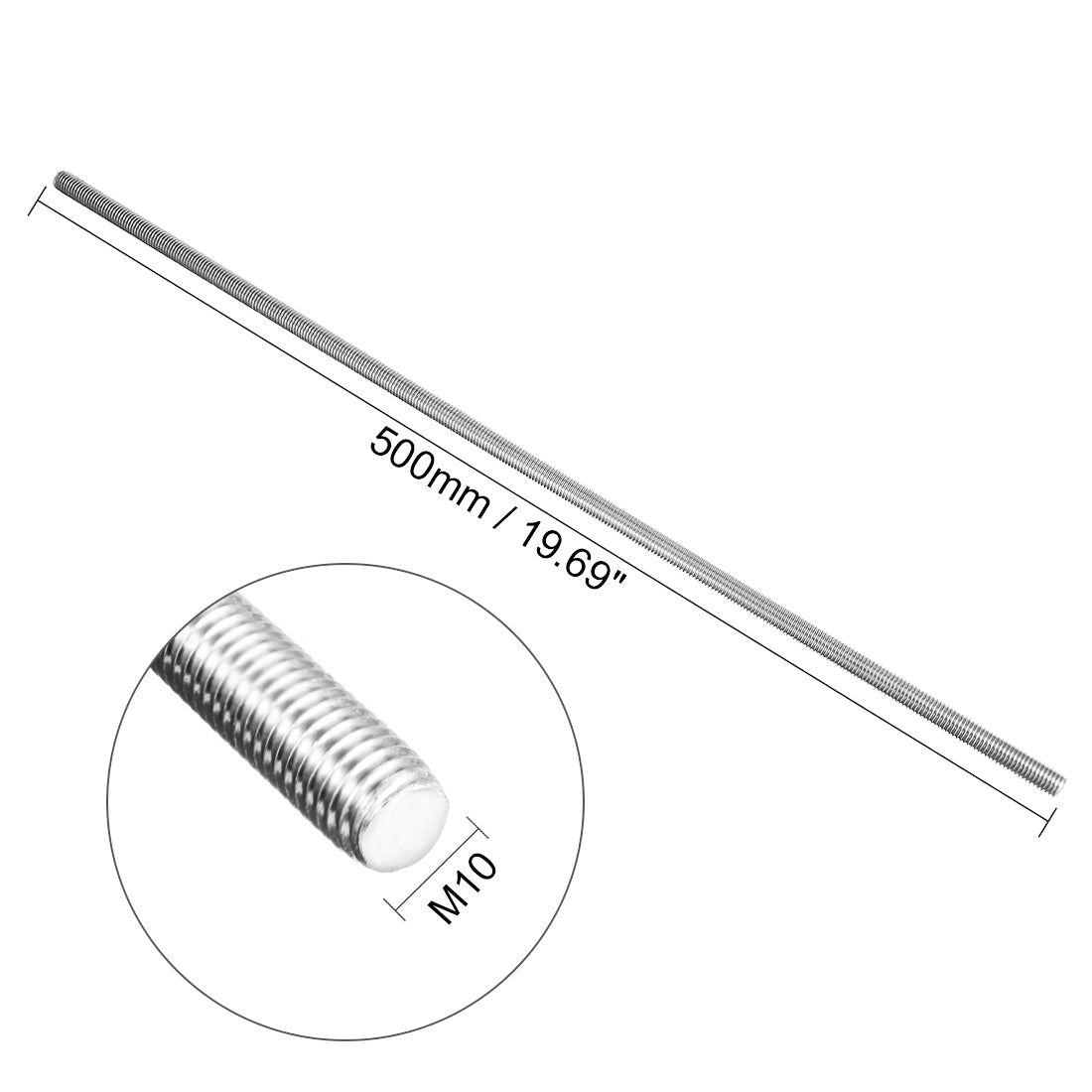 uxcell Uxcell M10 x 500mm Fully Threaded Rod 304 Stainless Steel Right Hand Threads