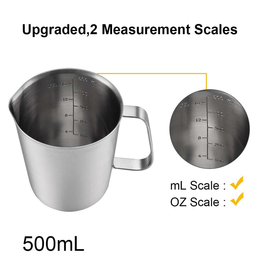 uxcell Uxcell Measuring Cup, Upgraded, 2 Measurement Scales, Including L Scale, Ounce Scale, Stainless Steel Measuring Cup w Marking with Handle, 16 Ounces, 500mL