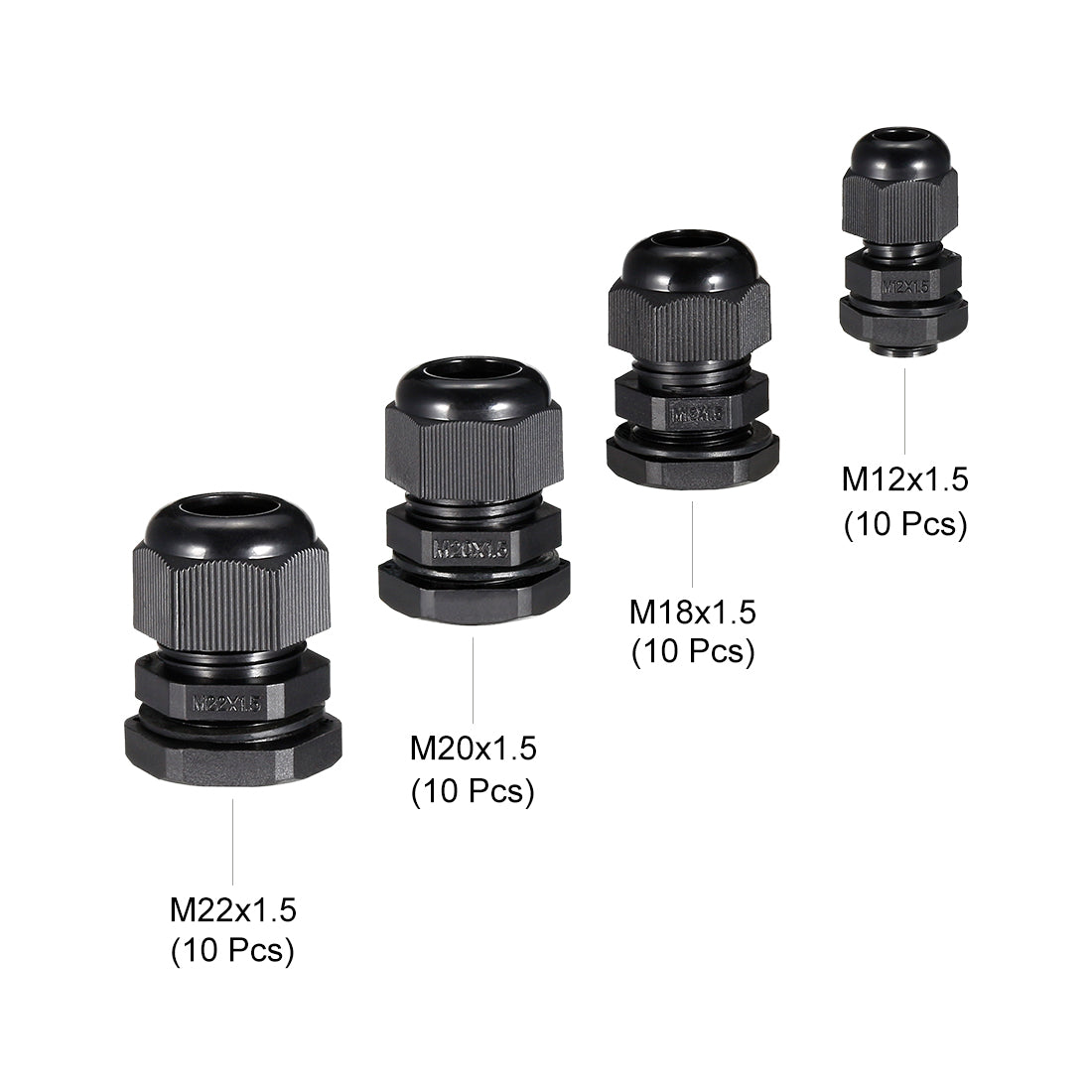 uxcell Uxcell 40Pcs M12 M18 M20 M22 Cable Gland Waterproof Plastic Joint Adjustable Locknut Black for Cable Wire