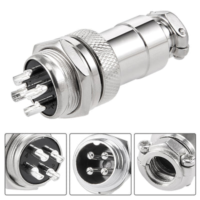 Harfington Uxcell 5pcs Aviation Connector 16mm 4P 5A 125V GX16-4 Waterproof Male Wire Panel Power Chassis Metal Fittings Connector Aviation Silver Tone