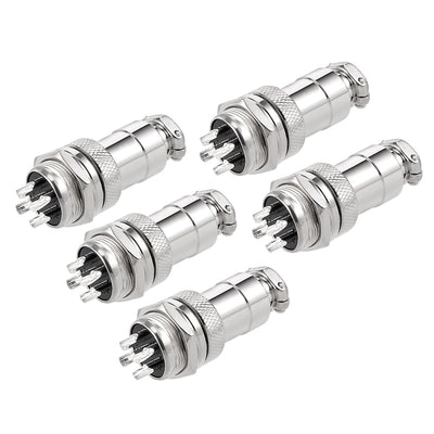 Harfington Uxcell 5pcs Aviation Connector 16mm 4P 5A 125V GX16-4 Waterproof Male Wire Panel Power Chassis Metal Fittings Connector Aviation Silver Tone
