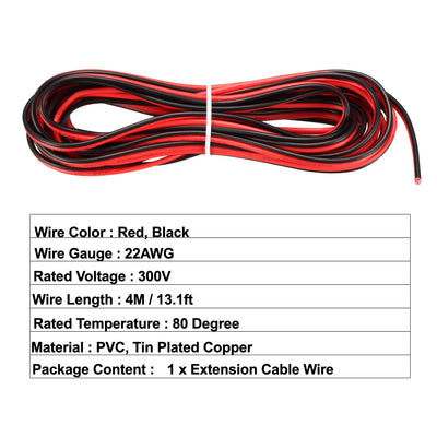 Harfington Uxcell Red Black Wire 2pin Extension Cable Cord 22 AWG Parallel Wire Tin Plated Copper 4M Length for LED Strip Light