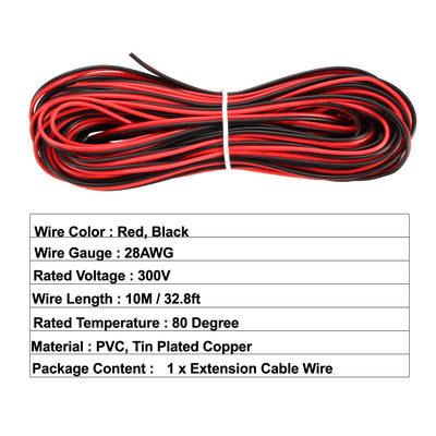 Harfington Uxcell Red Black Wire 2pin Extension Cable Cord 28 AWG Parallel Wire Tin Plated Copper 10M Length for LED Strip Light