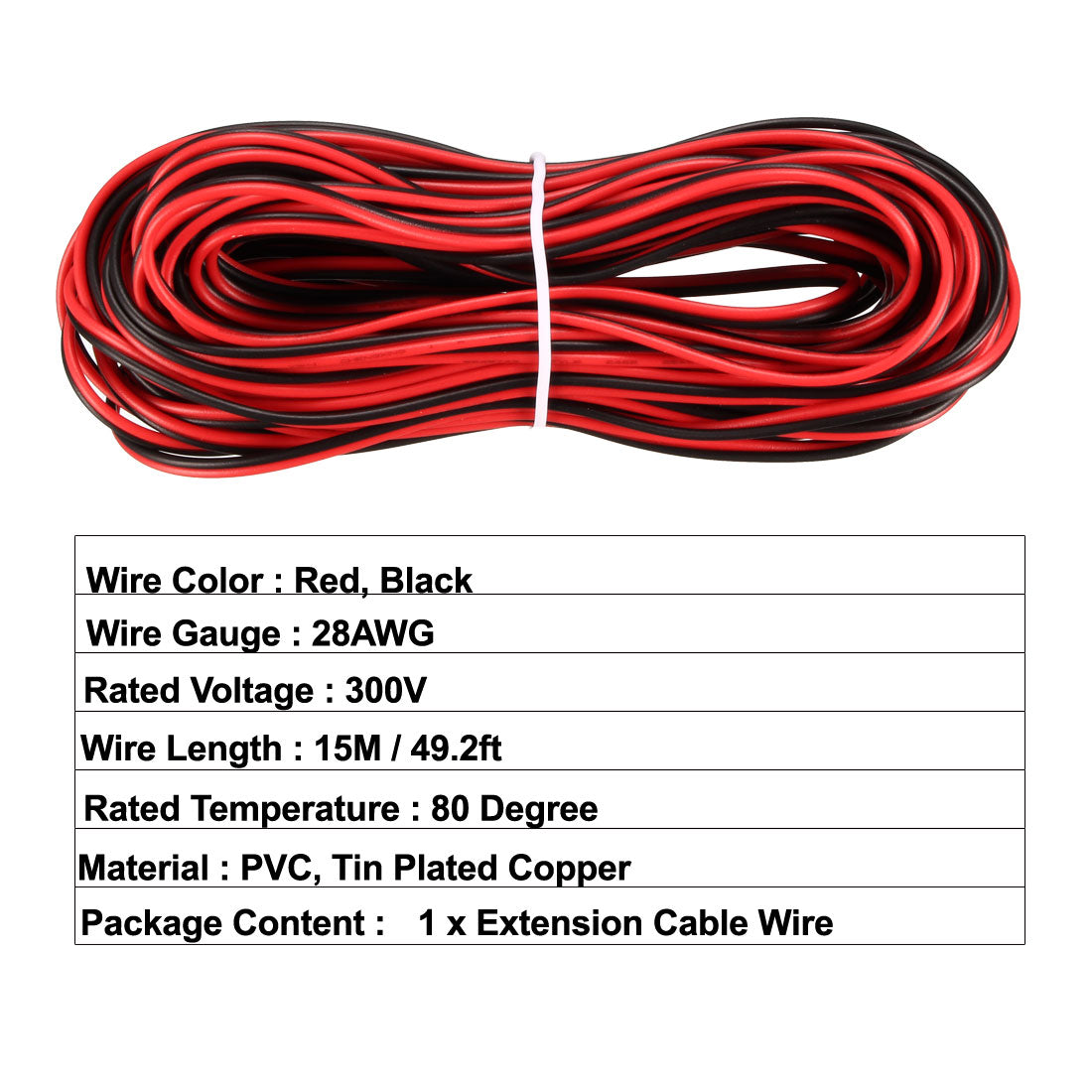 uxcell Uxcell Red Black Wire 2pin Extension Cable Cord 28 AWG Parallel Wire Tin Plated Copper 15M Length for LED Strip Light