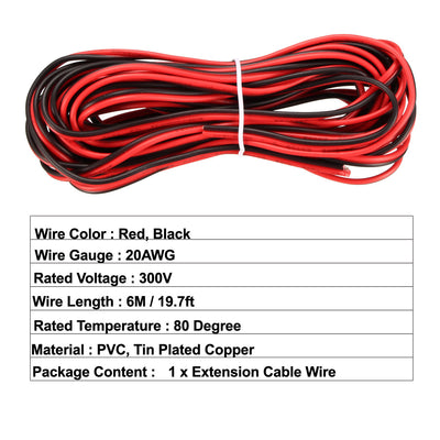 Harfington Uxcell Red Black Wire 2pin Extension Cable Cord 20 AWG Parallel Wire Tin Plated Copper 6M Length for LED Strip Light