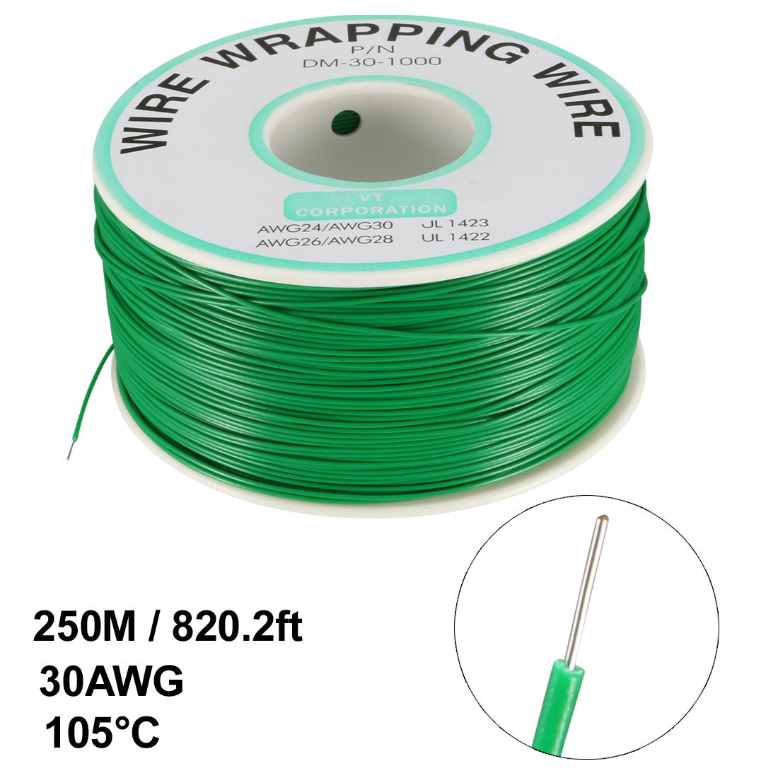 uxcell Uxcell OK Wire Tin Plated Copper Cord Wire Wrapping P/N 30 AWG 820ft Length Green