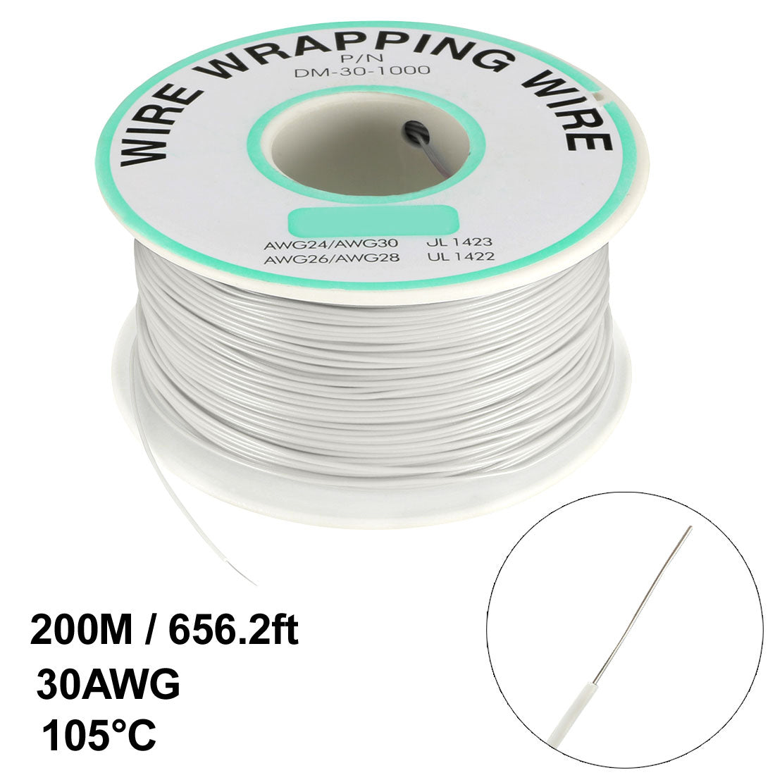 uxcell Uxcell OK Wire Tin Plated Copper Cord Wire Wrapping P/N 30 AWG 650ft Length White