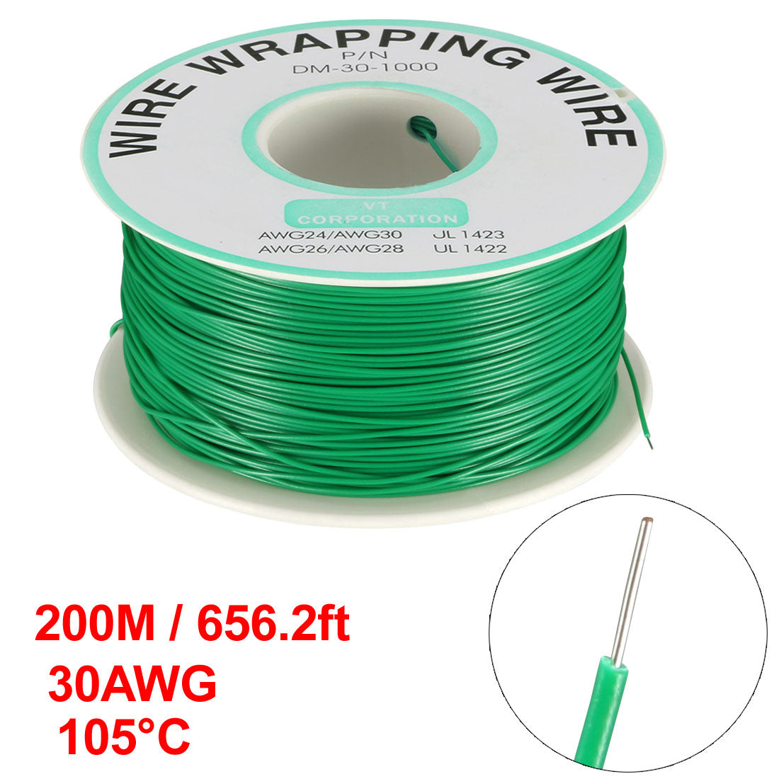 uxcell Uxcell OK Wire Tin Plated Copper Cord Wire Wrapping P/N 30 AWG 650ft Length Green