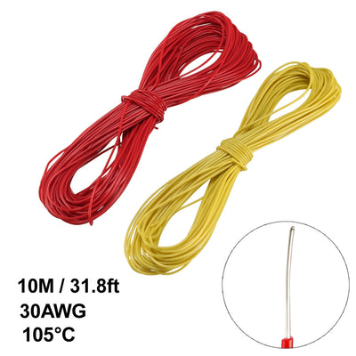 Harfington Uxcell 2 Pcs Wrapping Wire Tin Plated Copper Wire P/N 30 AWG 10M Length Red Yellow