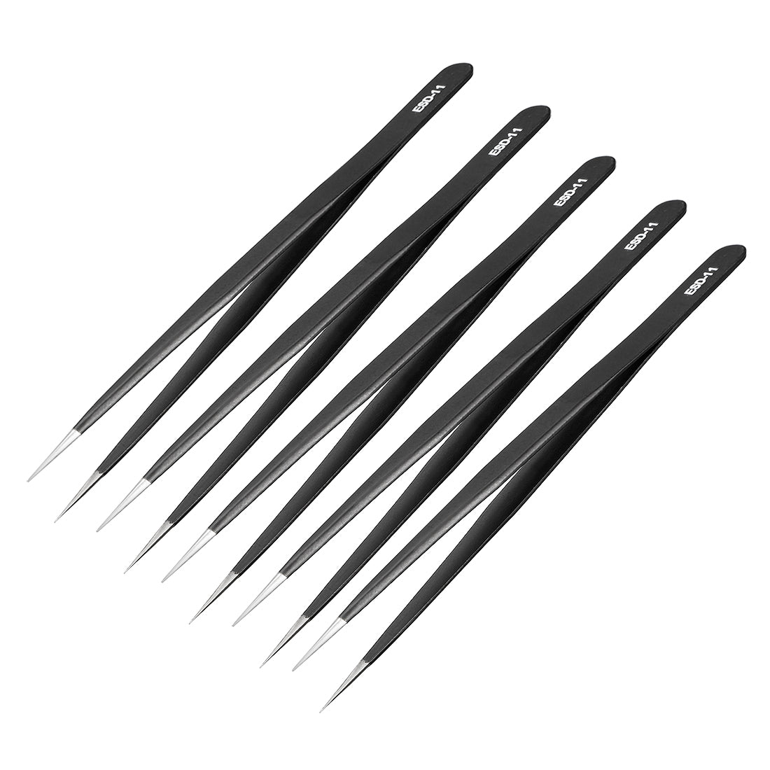 uxcell Uxcell ESD Anti-static Stainless Steel Tweezers Straight Pointed Non-magnetic 5.6 Inch Length Black 5pcs