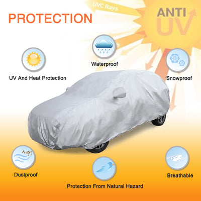 Harfington Uxcell YL Silver Tone 170T Car Cover Outdoor Weather Waterproof Scratch Rain Snow Heat Resistant  W Mirror Pocket