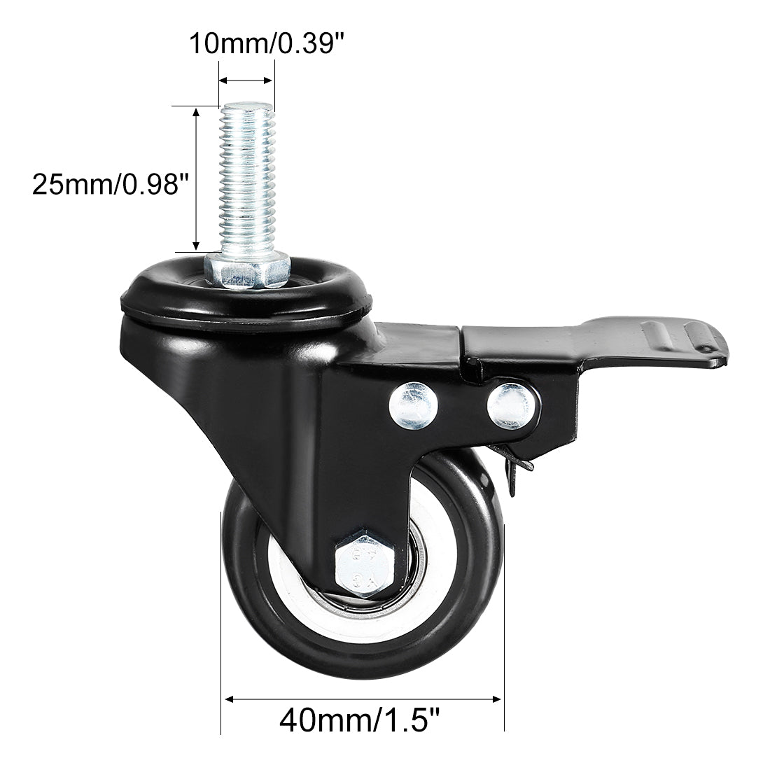 uxcell Uxcell 4 Pcs 1.5 Inch Swivel Caster Wheels PU 360 Degree Threaded Stem Caster Wheel with Brake, M10 x 25mm, 110lb Capacity