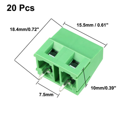 Harfington Uxcell 20Pcs AC300V 10A 7.5mm Pitch 2P Flat Angle Needle Seat Insert-In PCB Terminal Block Connector Green