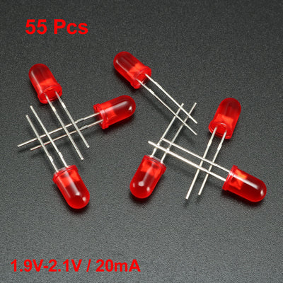 Harfington Uxcell 55pcs 5mm Red LED Diode Lights Colored Lens Diffused Round 1.9-2.1V 20mA 0.02W Lighting Bulb Lamp Electronic Components Light Emitting Diodes