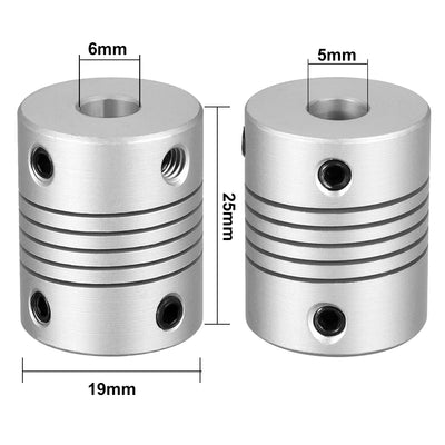 Harfington Uxcell 2pcs 5mm to 6mm Aluminum Alloy Shaft Coupling Flexible Coupler Motor Connector Joint L25xD19 Silver