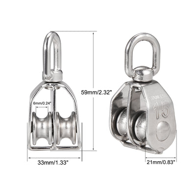 Harfington Uxcell M15 Lifting Crane Swivel Hook Double Pulley Block Hanging Wire Towing Wheel 304 Stainless Steel
