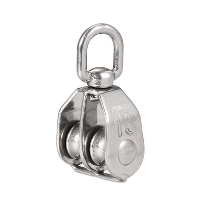 Harfington Uxcell M15 Lifting Crane Swivel Hook Double Pulley Block Hanging Wire Towing Wheel 304 Stainless Steel