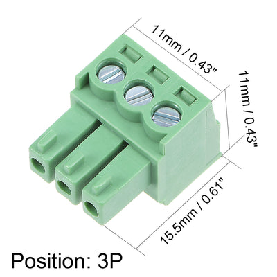 Harfington Uxcell 15Pcs AC300V 8A 3.5mm Pitch 3P Flat Angle Needle Seat Insert-In PCB Terminal Block Connector green