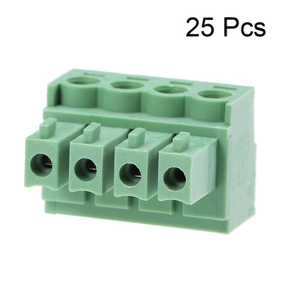 Harfington Uxcell 25Pcs AC 300V 8A 3.5mm Pitch 4P Flat Angle Needle Seat Insert-In PCB Terminal Block Connector Green