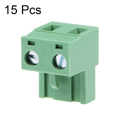 Harfington Uxcell 15Pcs AC300V 15A 7.62mm Pitch 2P Flat Angle Needle Seat Plug-In PCB Terminal Block Connector green