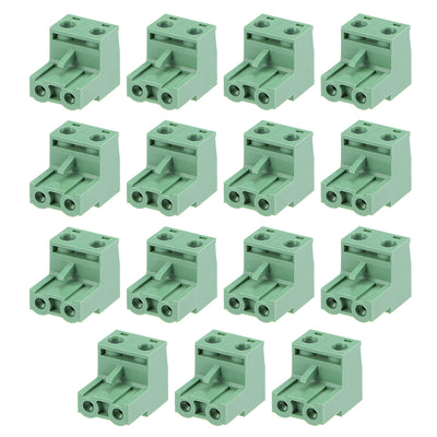 Harfington Uxcell 15Pcs AC300V 15A 7.62mm Pitch 2P Flat Angle Needle Seat Plug-In PCB Terminal Block Connector green