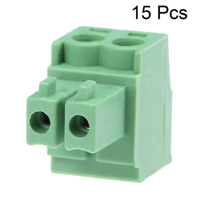 Harfington Uxcell 15Pcs AC 300V 8A 3.5mm Pitch 2P Flat Angle Needle Seat Insert-In PCB Terminal Block Connector green