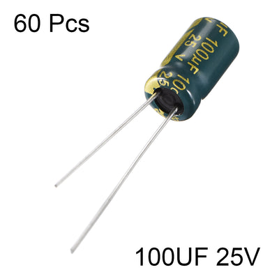 Harfington Uxcell Aluminum Radial Electrolytic Capacitor Low ESR Green with 100UF 25V 105 Celsius Life 3000H 6 x 12 mm High Ripple Current,Low Impedance 60pcs