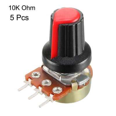 Harfington Uxcell 5Pcs 10K Ohm Variable Resistors Single Turn Rotary Carbon Film Taper Potentiometer with Knobs