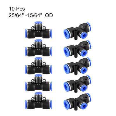 Harfington Uxcell 10 pcs Push To Connect Fittings T Type Tube Connect 25/64“ -15/64” od Push Fit Fittings Tube Fittings Push Lock Blue (10-6mm T tee)