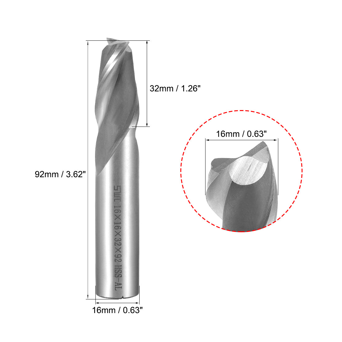 uxcell Uxcell High Speed Steel HSS-AL 2 Flute Straight End Mill Cutter CNC Router Bits, 16 x 16 x 32mm