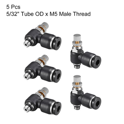 Harfington Uxcell Push-to-Connect Air Flow Control Valve, Elbow, 5/32" Tube OD x M5  Male Thread Speed controller Valve Tube fitting Black,5pcs