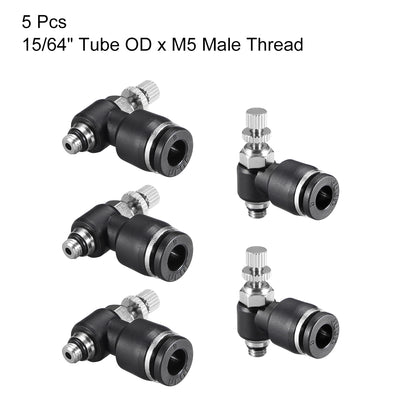 Harfington Uxcell Push-to-Connect Air Flow Control Valve, Elbow, 15/64" Tube OD x M5  Male Thread Speed controller Valve Tube fitting Black,5pcs