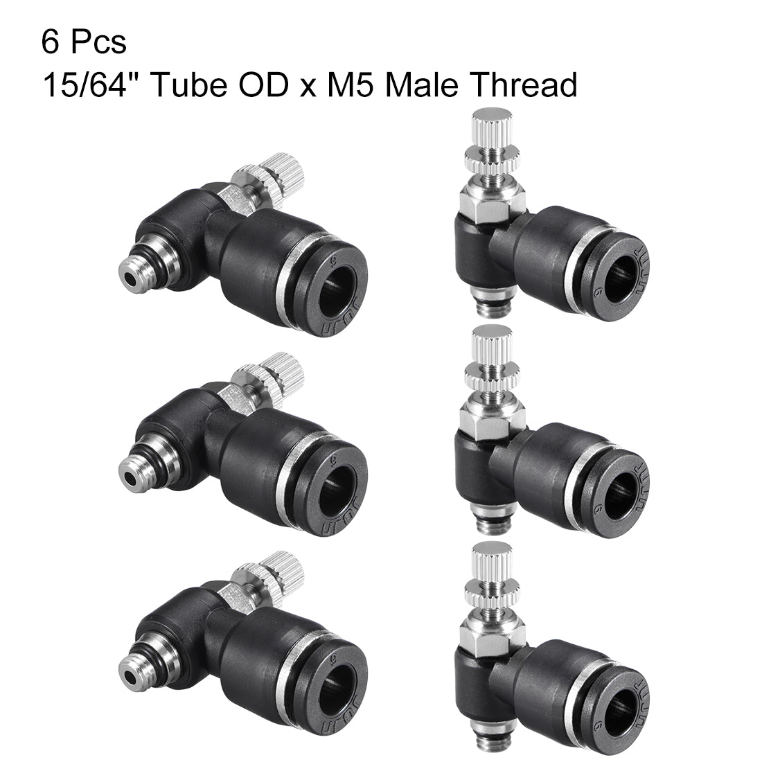 uxcell Uxcell Push-to-Connect Air Flow Control Valve, Elbow, 15/64" Tube OD x M5  Male Thread Speed controller Valve Tube fitting Black,6pcs