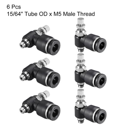 Harfington Uxcell Push-to-Connect Air Flow Control Valve, Elbow, 15/64" Tube OD x M5  Male Thread Speed controller Valve Tube fitting Black,6pcs