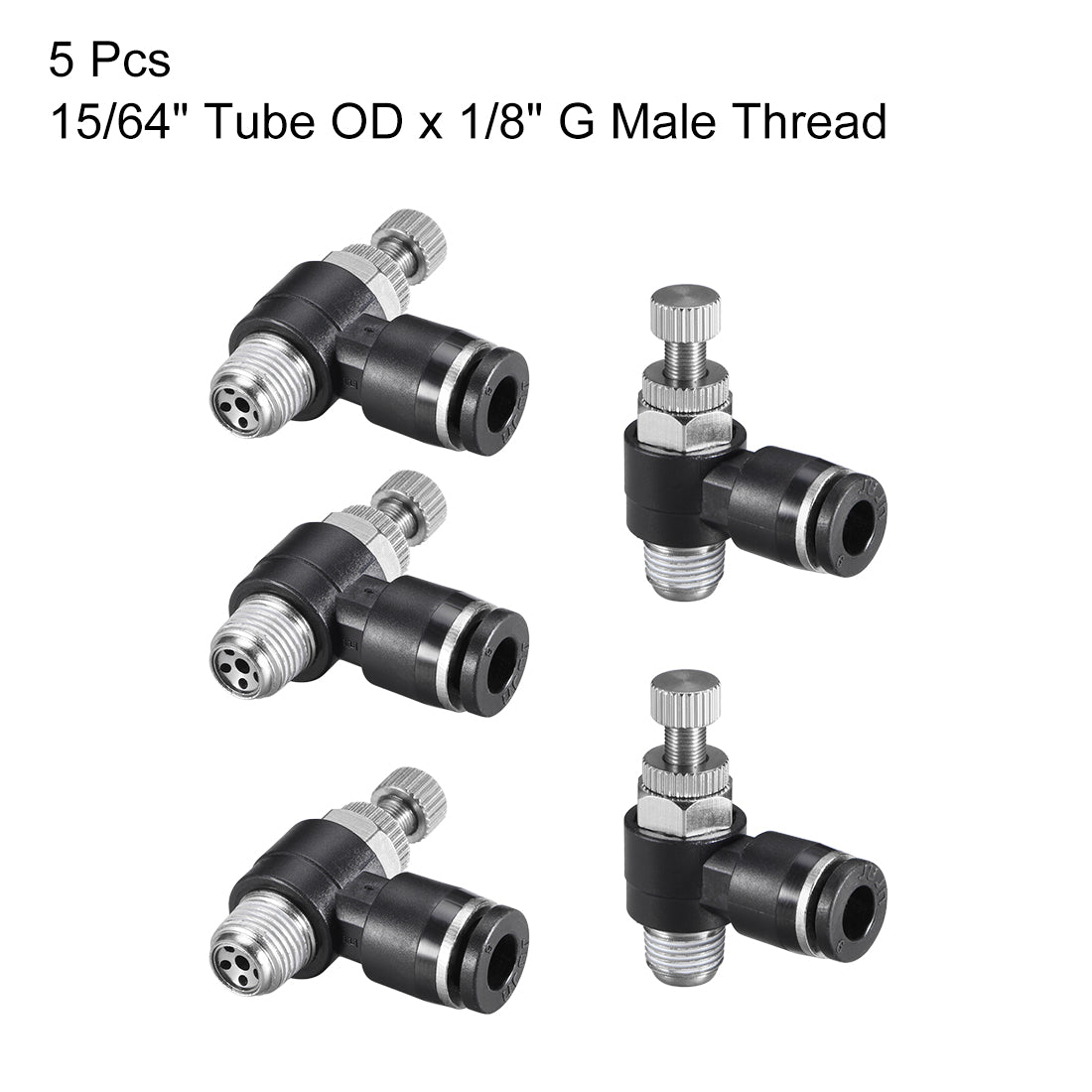 uxcell Uxcell Push-to-Connect Air Flow Control Valve, Elbow, 15/64" Tube OD x 1/8" G  Male Thread Speed controller Valve Tube fitting Black,5pcs