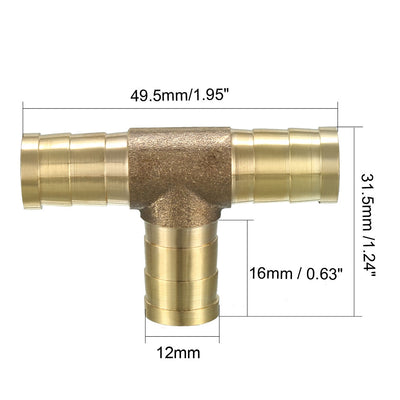 Harfington Uxcell 12mm Brass Tee Barb Hose Fitting T 3 Way Connector Joiner 2pcs