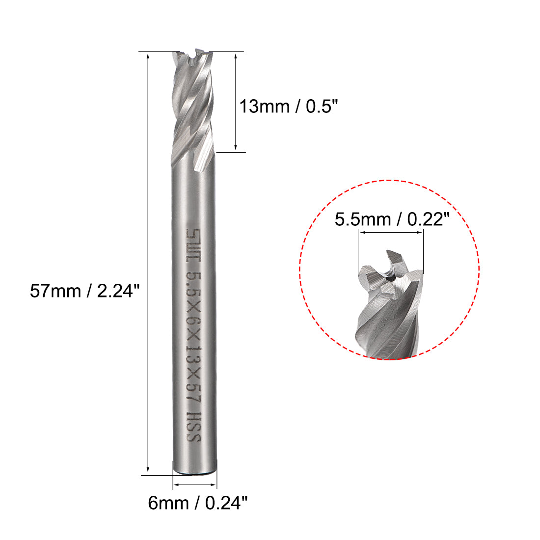 uxcell Uxcell High Speed Steel HSS-AL 4 Flute Straight End Mill Cutter CNC Router Bits, 5.5 x 6 x 13mm