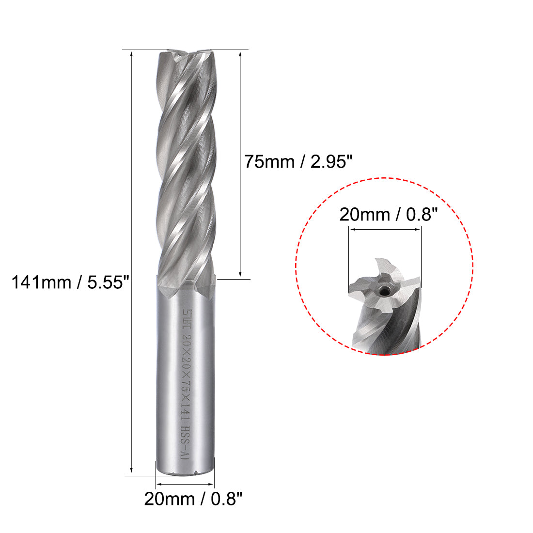 uxcell Uxcell High Speed Steel HSS-AL 4 Flute Straight End Mill Cutter CNC Router Bits, 20 x 20 x 75mm