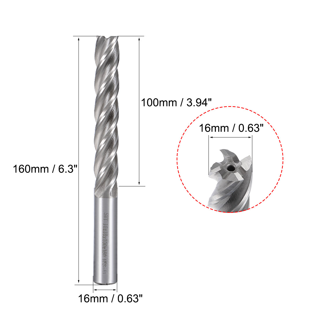 uxcell Uxcell High Speed Steel HSS-AL 4 Flute Straight End Mill Cutter CNC Router Bits, 16 x 16 x 100mm