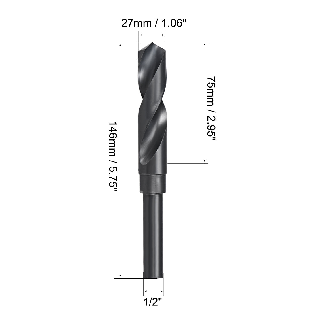 uxcell Uxcell Reduced Shank Drill Bit 27mm HSS 6542 Black Oxide with 1/2 Inch Straight Shank
