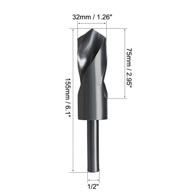 Harfington Uxcell Reduced Shank Drill Bit 32mm HSS 6542 Black Oxide with 1/2 Inch Straight Shank