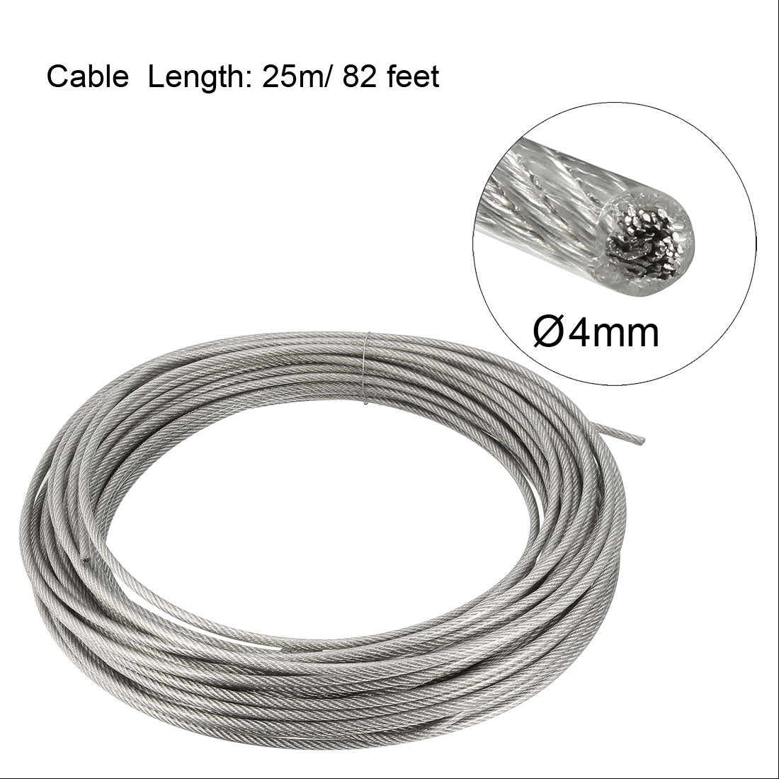 uxcell Uxcell Stainless Steel Wire Rope Cable 4mm 0.16 inch Dia 82ft 25m Length 8 Gauge 304 Grade PVC Coated for Hoist Lifting Grinder Pulley Wheel