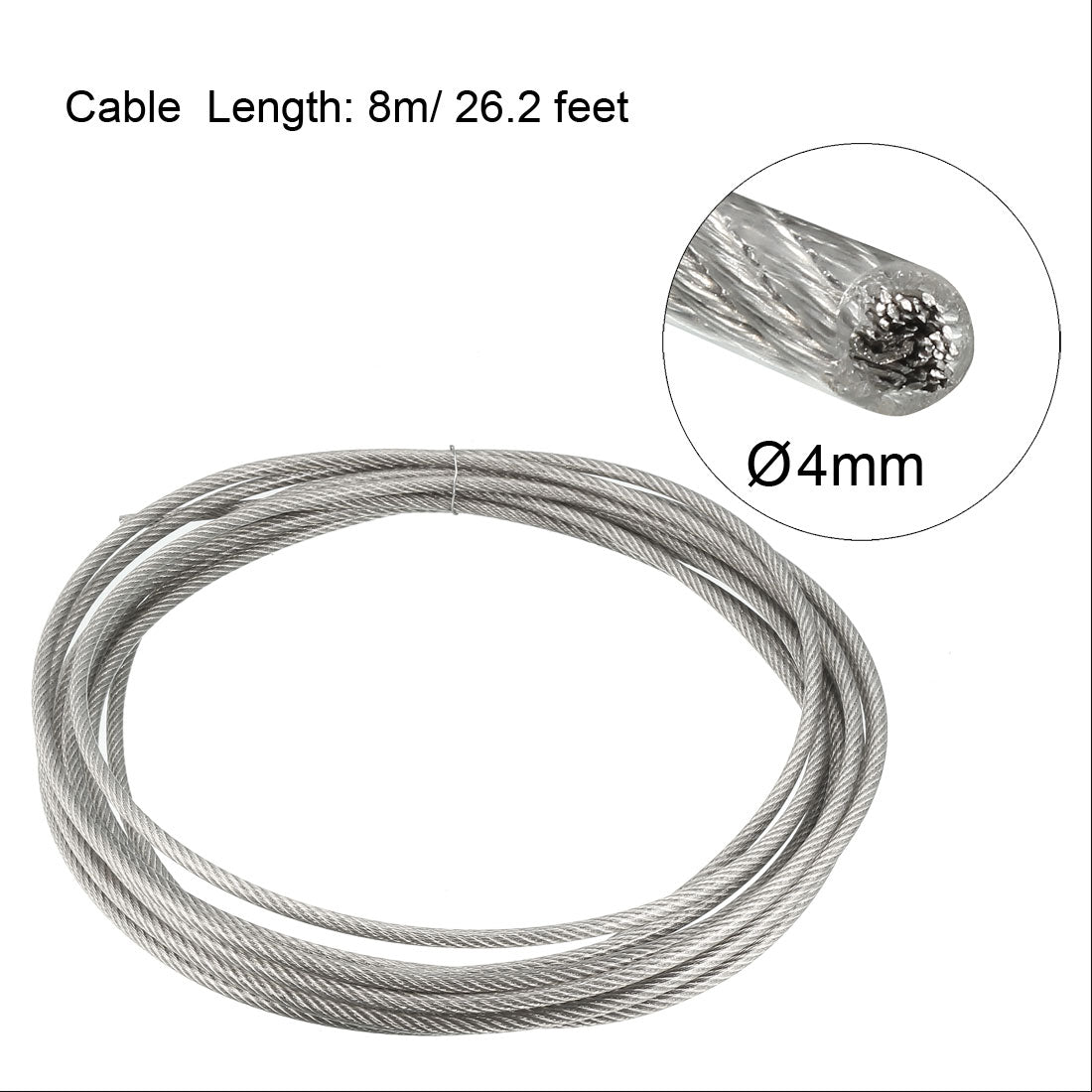 uxcell Uxcell Stainless Steel Wire Rope Cable 4mm 0.16 inch Dia 26.2ft 8m Length 8 Gauge 304 Grade PVC Coated for Hoist Lifting Grinder Pulley Wheel